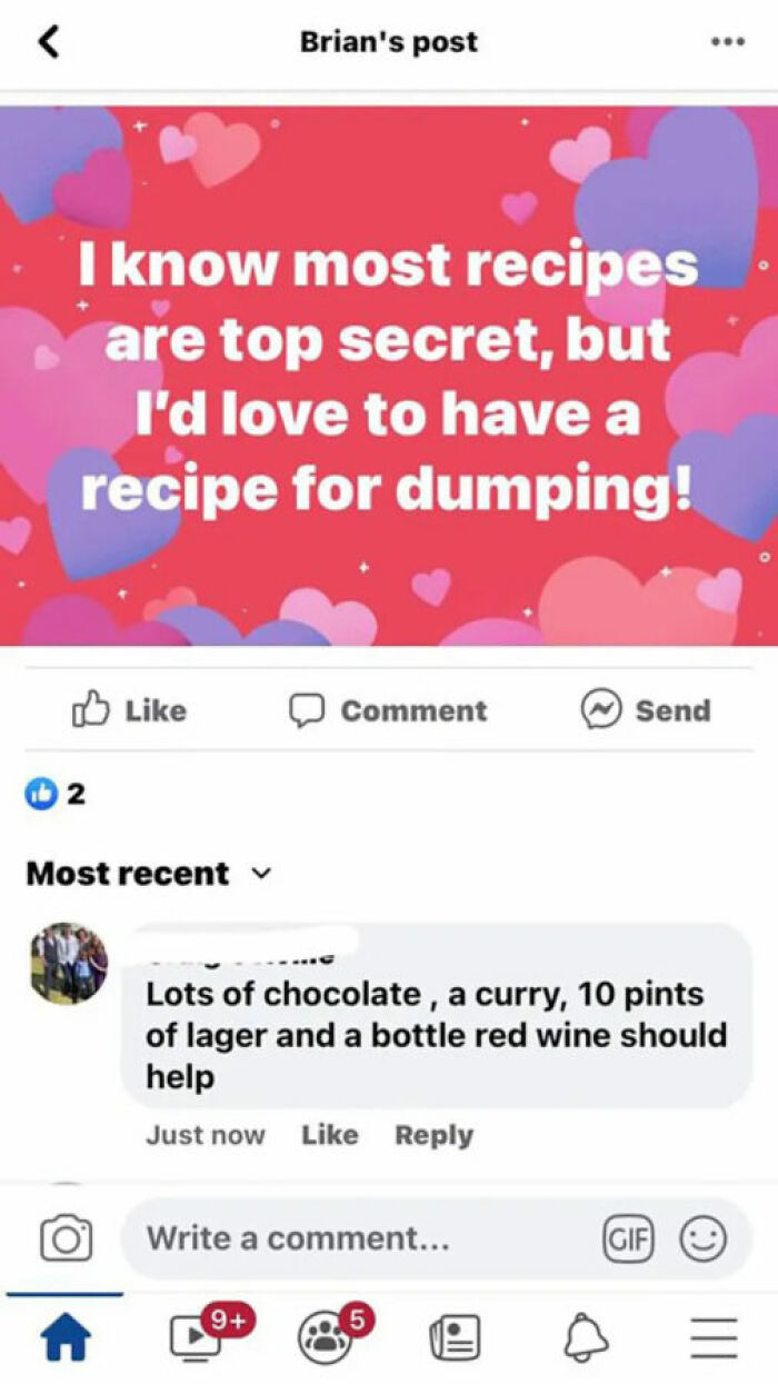 A social media post with a heart background, asking for a recipe for dumping. A comment suggests chocolate, curry, lager, and red wine to keep thoughts to themselves.