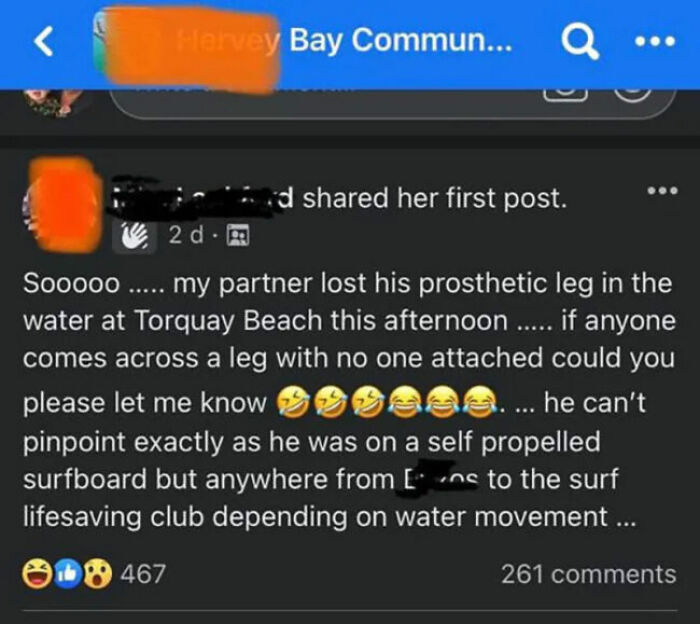 A social media post from a partner sharing unhinged thoughts about a lost prosthetic leg at Torquay Beach.