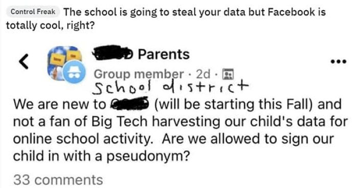 A social media post from parents sharing unhinged thoughts about school data and pseudonyms.