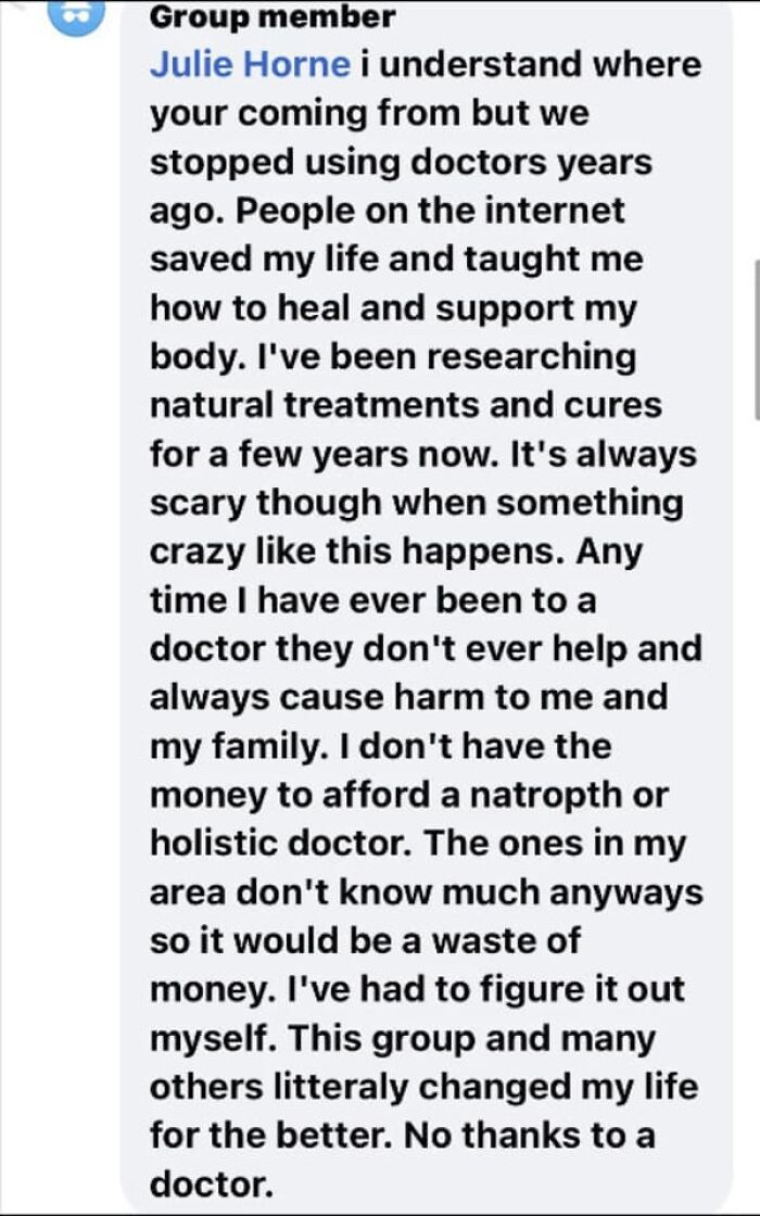 A group member sharing unhinged thoughts about natural treatments and doctors on social media.