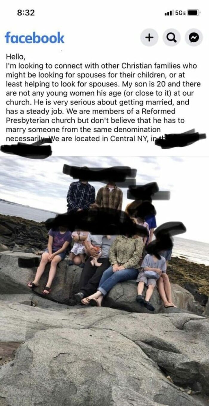A Facebook post about unhinged people sharing thoughts, seeking spouses for a son, with a family photo on rocks.