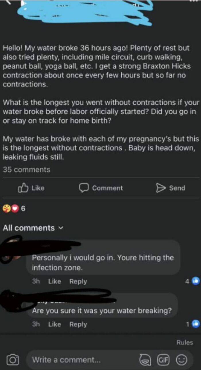 A social media post about unhinged people sharing thoughts, with a user describing their water breaking and comments.