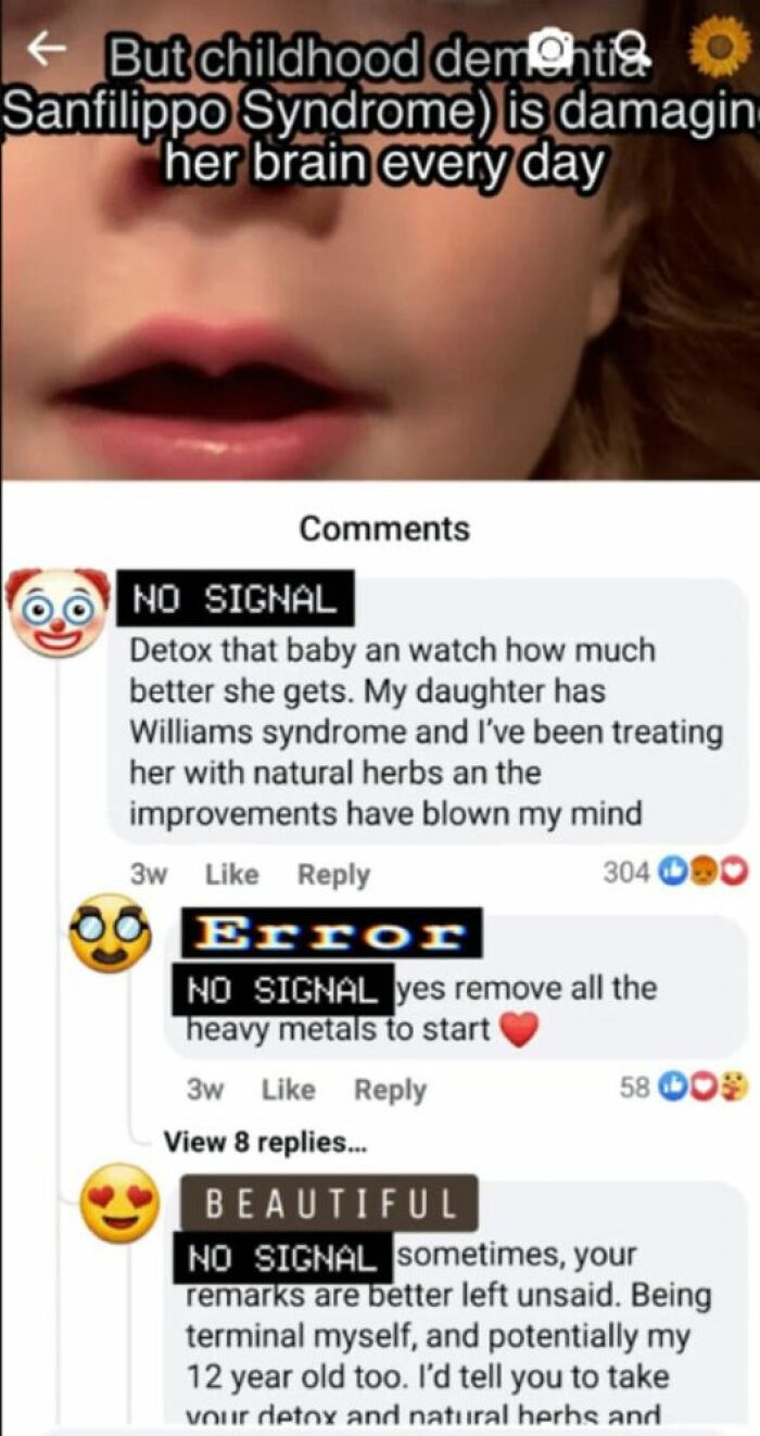 A social media post about unhinged people sharing thoughts, with comments discussing childhood dementia and detoxing.