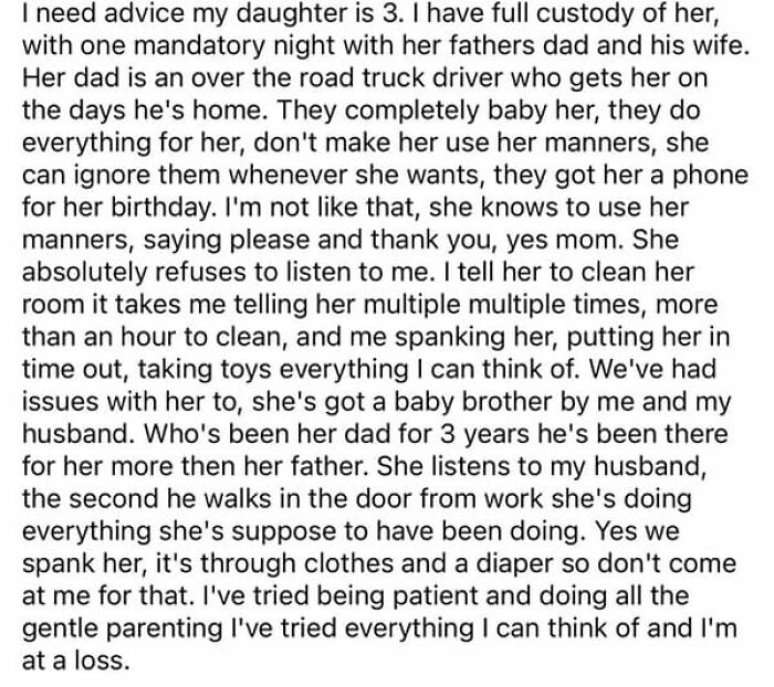 A lengthy social media post from unhinged people detailing parenting struggles and spanking their 3-year-old daughter.