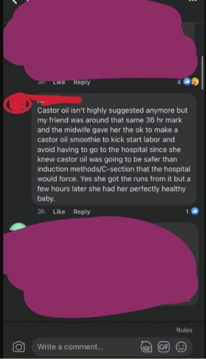 A social media comment from unhinged people suggesting castor oil to induce labor as an alternative to hospital methods.