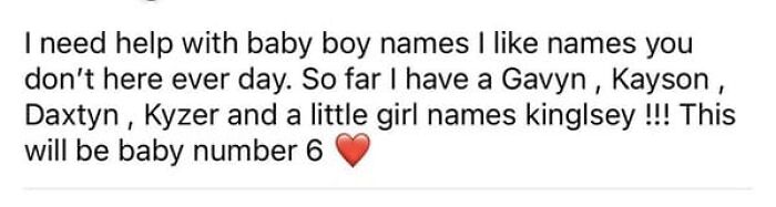 A social media post from unhinged people seeking unique baby names for their sixth child.