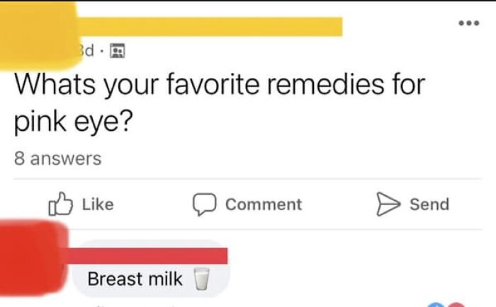 A social media post about unhinged people sharing thoughts, asking for pink eye remedies and suggesting breast milk.
