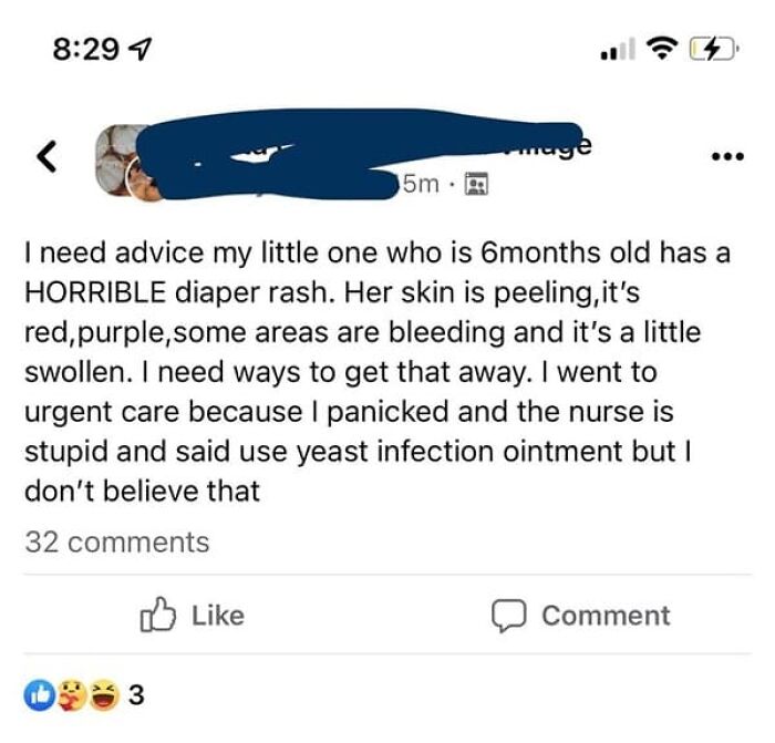 A social media post of unhinged people asking for advice on a baby's severe diaper rash instead of trusting medical professionals.