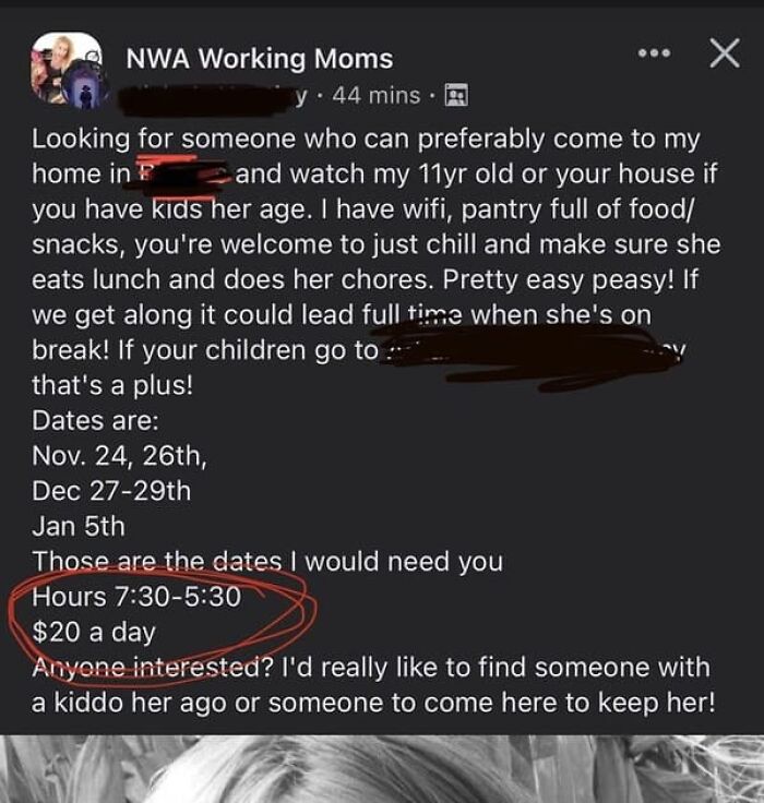 A social media post from NWA Working Moms, showing unhinged people looking for a babysitter for $20 a day.