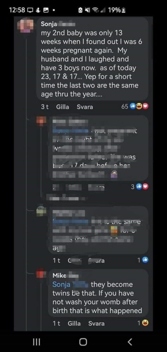 A social media post from an unhinged person claiming a second baby is due to an unwashed womb.