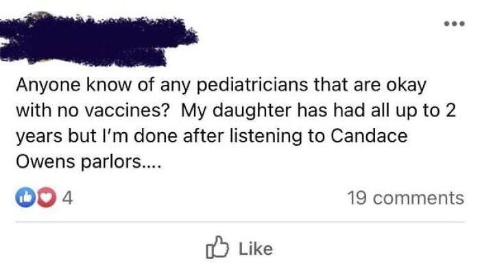 A social media post from an unhinged person asking for a pediatrician okay with no vaccines.