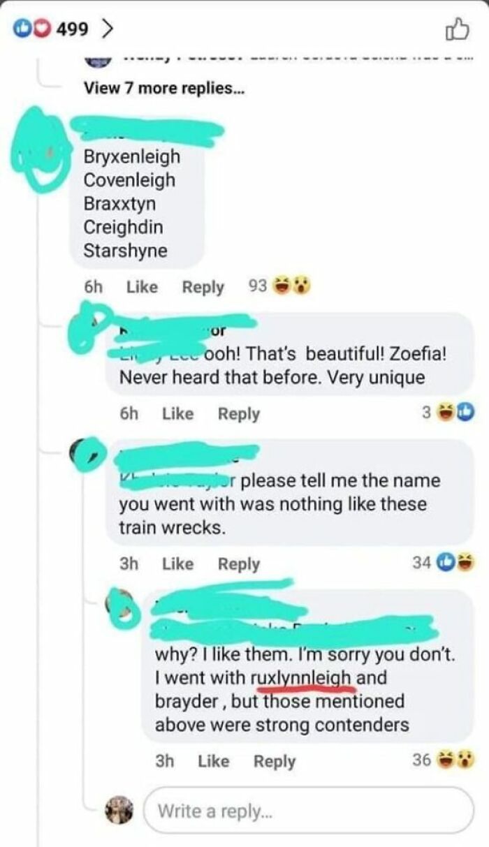 A social media post discussing unhinged people sharing bizarre baby names online.