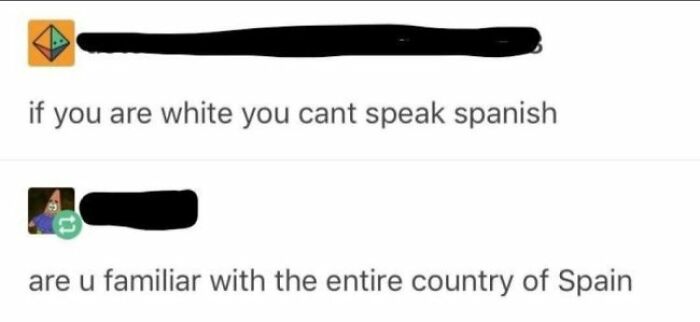 A social media exchange between unhinged people sharing thoughts on social media about speaking Spanish based on race.
