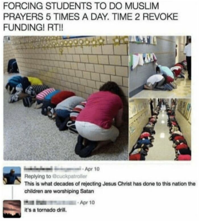 A social media post and comments showing unhinged people sharing thoughts on social media about students praying, which is actually a tornado drill.
