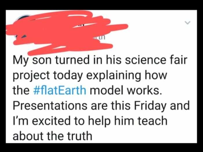 A social media post from unhinged people sharing thoughts on social media about a son's flat Earth science project.