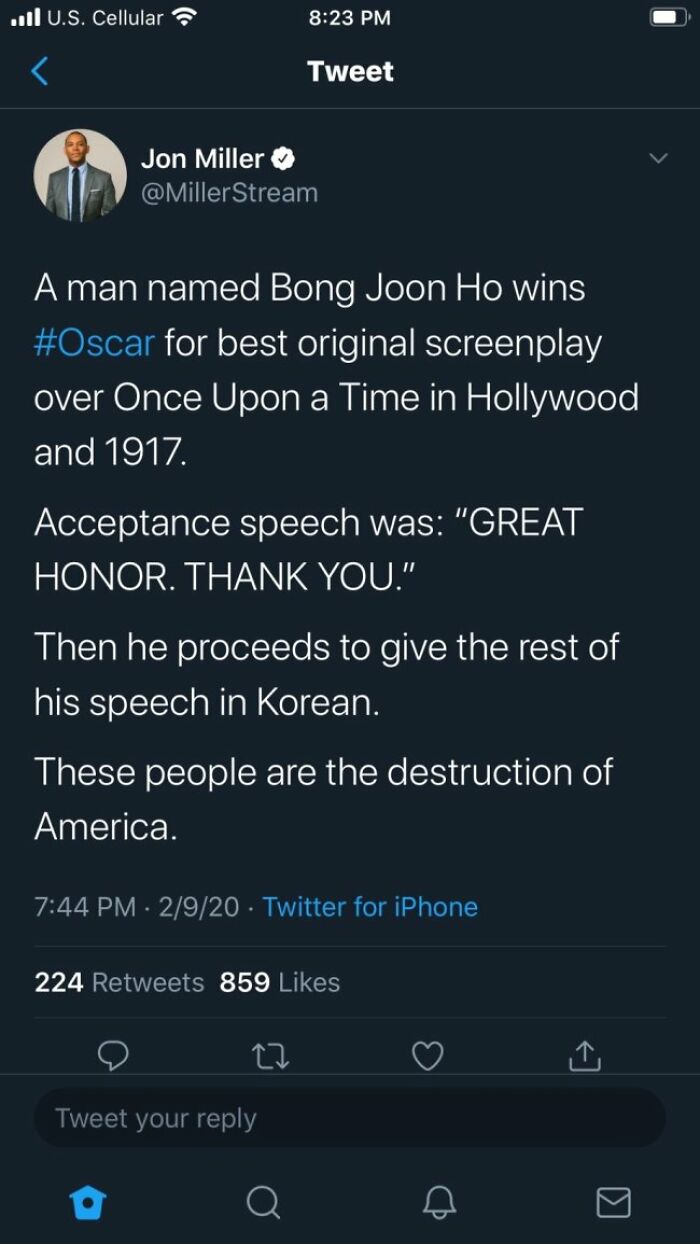 A social media post by Jon Miller complaining about Bong Joon Ho's Oscar speech, shared by unhinged people.
