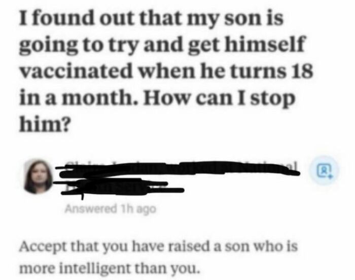 A social media post by a parent asking how to stop their son from getting vaccinated, highlighting unhinged people.