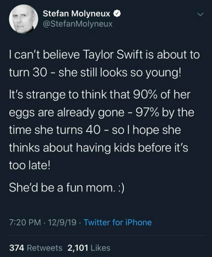 Stefan Molyneux's social media post about Taylor Swift's age and fertility, showcasing unhinged people.