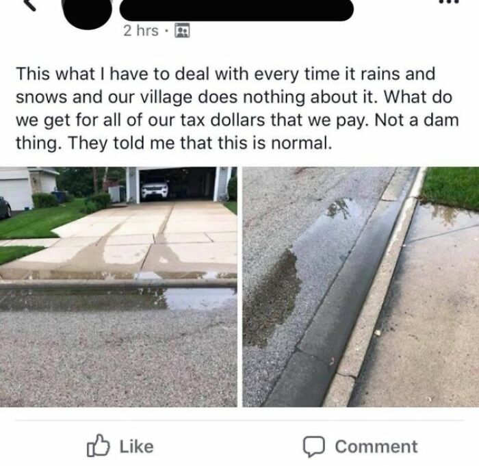 A social media post complaining about village drainage issues and unhinged people sharing thoughts.