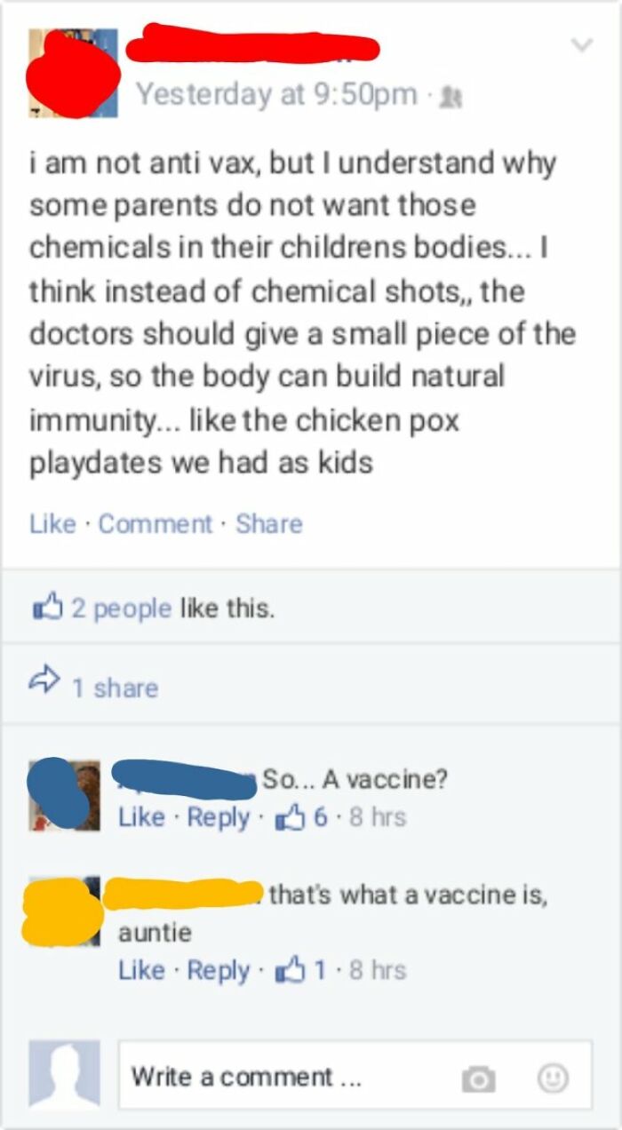 A Facebook post by someone who misunderstands vaccines, suggesting a piece of virus instead of chemicals, demonstrating unhinged thoughts.