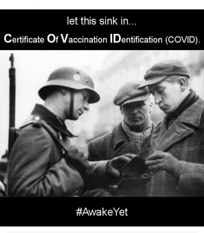 A black and white image of soldiers checking documents, with text about Certificate Of Vaccination IDentification (COVID), highlighting unhinged social media thoughts.