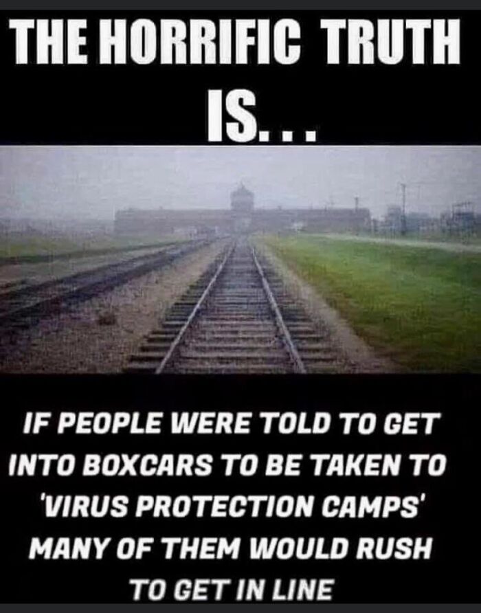 A meme with a train track leading to a building, discussing unhinged people and virus protection camps.
