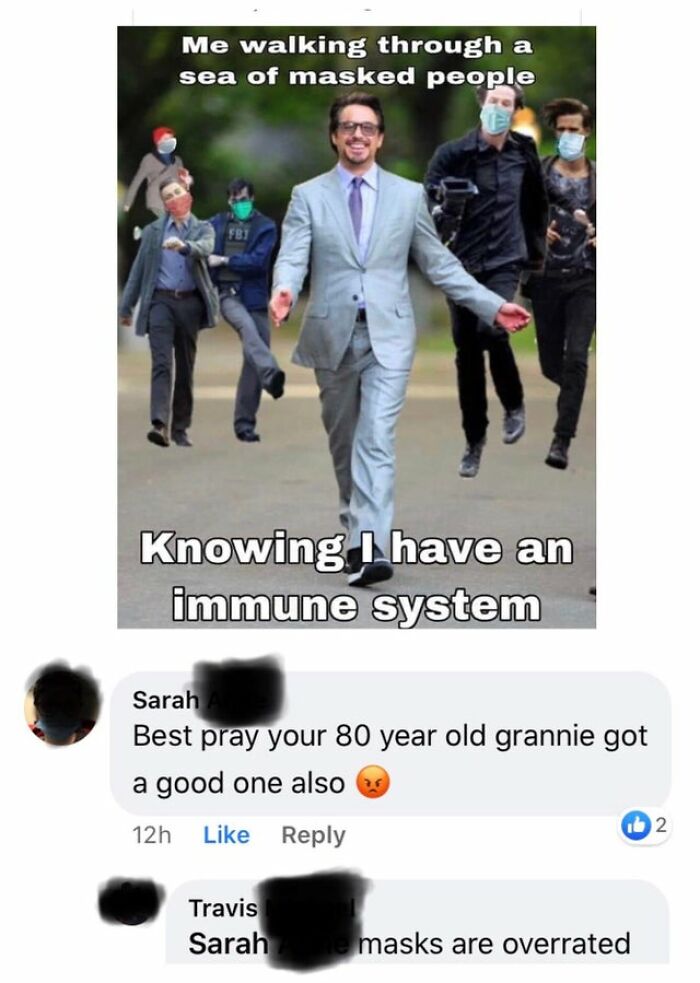 A meme with Robert Downey Jr. walking confidently among masked people, followed by an unhinged comment.