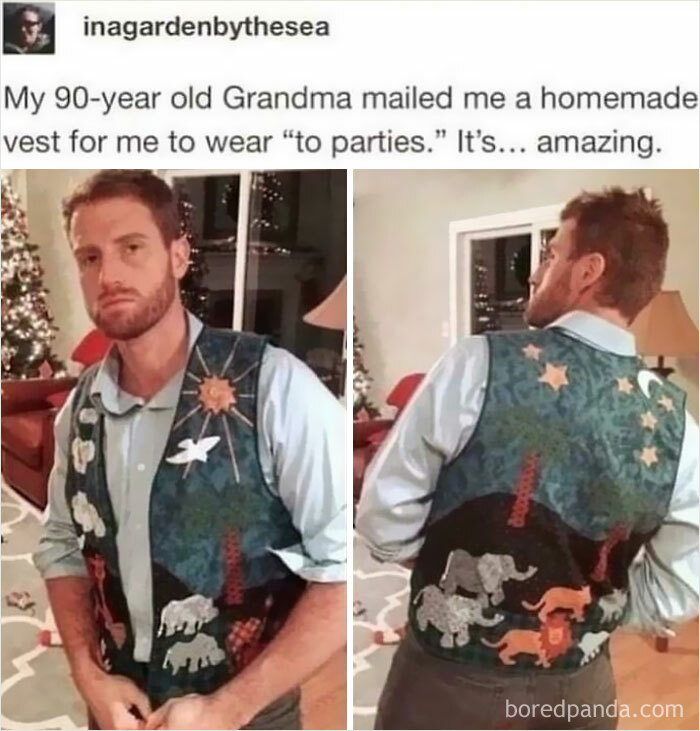 A man wearing a homemade vest made by his grandma, featuring a sun, dove, and various animals. Wholesome posts.