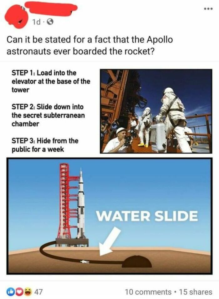 A social media post with unhinged thoughts questioning if Apollo astronauts ever boarded the rocket, showing a fake water slide.