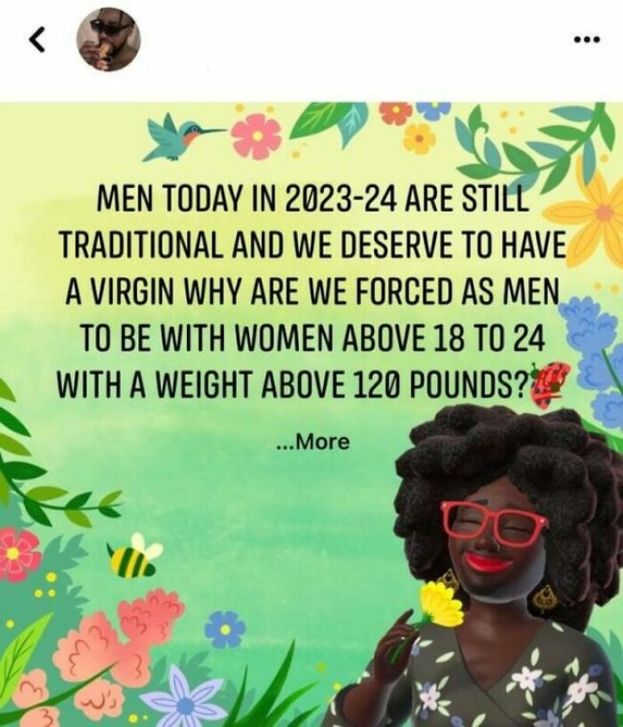 A colorful social media post with a cartoon character and text expressing unhinged thoughts about men wanting virgin women.