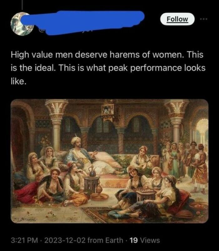 A social media post with an image depicting a historical harem, captioned with unhinged thoughts about high-value men.