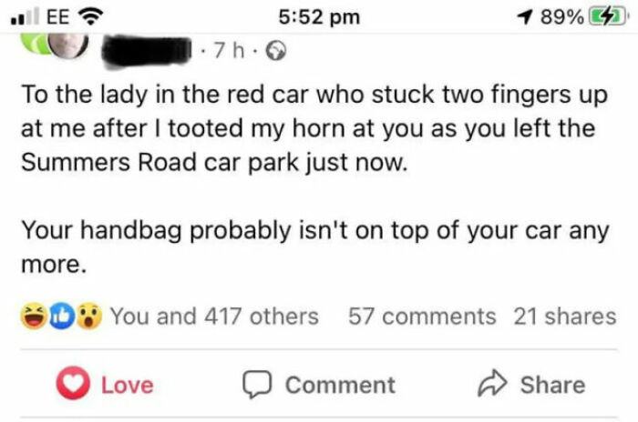 A social media post from a person sharing unhinged thoughts about telling a lady in a red car her handbag is no longer on her car.
