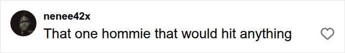 A social media comment from nenee42x says: That one hommie that would hit anything, avoiding being bothered by men.