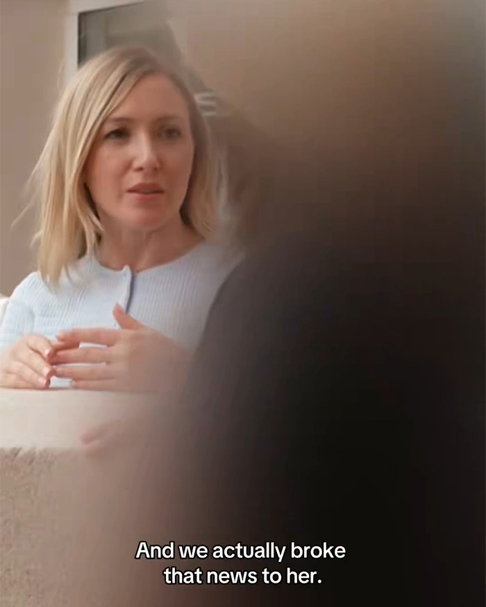 A woman with blonde hair discussing how she broke the news about the disturbing truth of the surrogate baby.