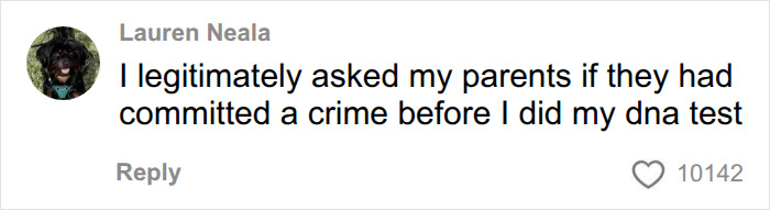 A comment from Lauren Neala about asking her parents if they committed a crime before her DNA test, highlighting Ancestry DNA Test implications.