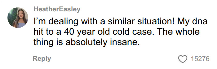 A comment from HeatherEasley about a DNA test hitting a 40-year-old cold case, similar to the Ancestry DNA Test scenario.