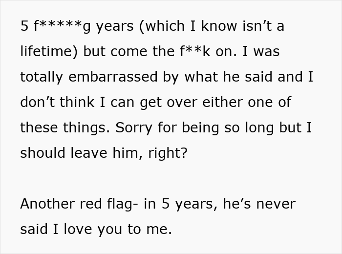 A screenshot of a text detailing a guy who won't marry his GF, noting he's never said 'I love you'.