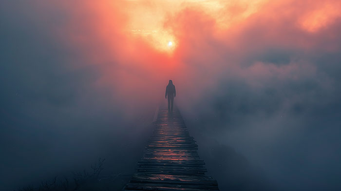 A lone figure walking on a wooden path through dense fog with a setting sun in the background, representing the journey after flatlining. A lone figure walking on a wooden path through dense fog with a setting sun in the background, representing the journey after flatlining.