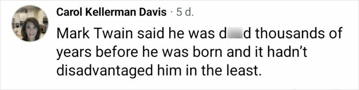 Carol Kellerman Davis comments on a materialist atheist who flatlined, quoting Mark Twain on prior non-existence. Carol Kellerman Davis comments on a materialist atheist who flatlined, quoting Mark Twain on prior non-existence.