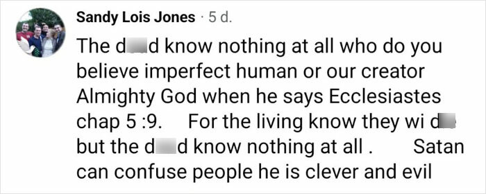 Sandy Lois Jones's religious comment questioning the atheist's flatlined experience with a biblical reference. Sandy Lois Jones's religious comment questioning the atheist's flatlined experience with a biblical reference.