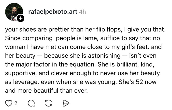 A social media post from rafaelpeixoto.art, praising his wife's beauty and inner qualities, adding to a wife appreciation thread.