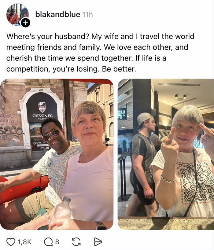 A couple traveling, sharing a moment in two different settings, showcasing a wife appreciation thread.