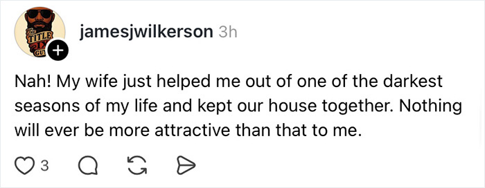 A social media post in a wife appreciation thread, where a man highlights his wife's supportive role during difficult times.