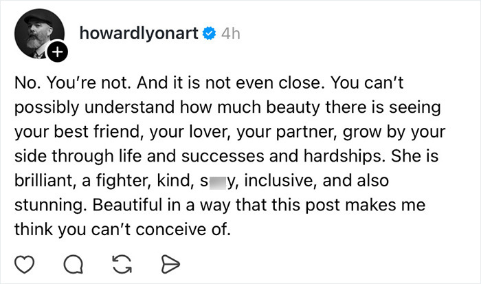 A social media post from a wife appreciation thread, where a man expresses deep admiration for his brilliant wife.
