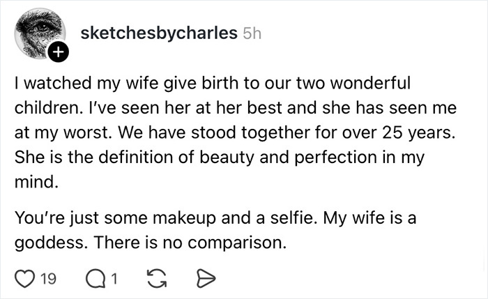 A social media post in a wife appreciation thread, with a man praising his wife's beauty after 25 years and two children.