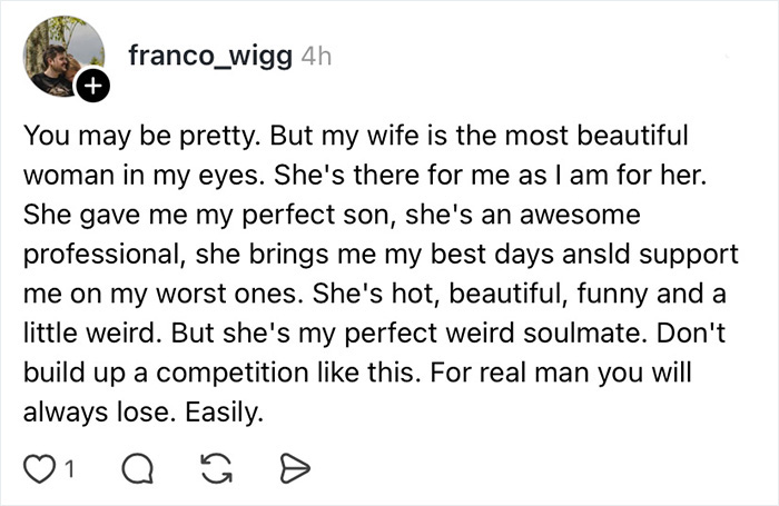 A social media post about a wife appreciation thread, featuring a man praising his wife as beautiful and his perfect weird soulmate.
