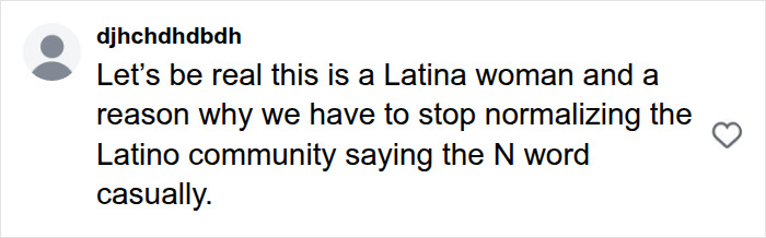 Social media comment on a Latina woman casually using the N-word on the street. Social media comment on a Latina woman casually using the N-word on the street.