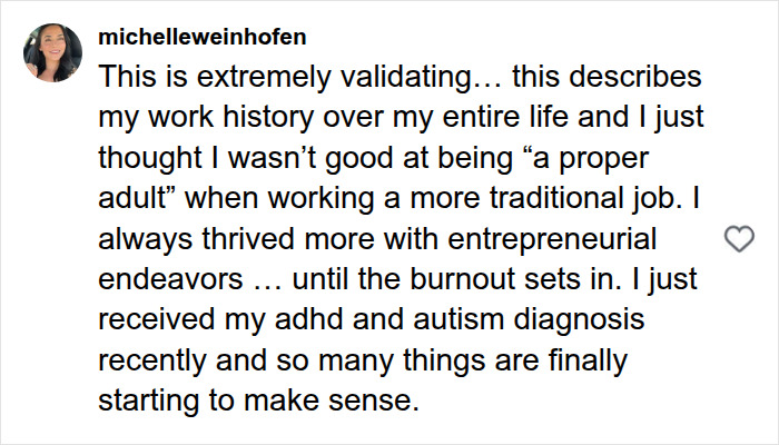 Social media comment from a woman with ADHD and Autism diagnosis, validating entrepreneurial endeavors.