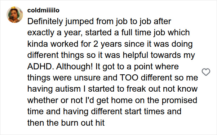 A comment from a person with Autism and ADHD describing job-hopping and burnout due to unpredictable work.