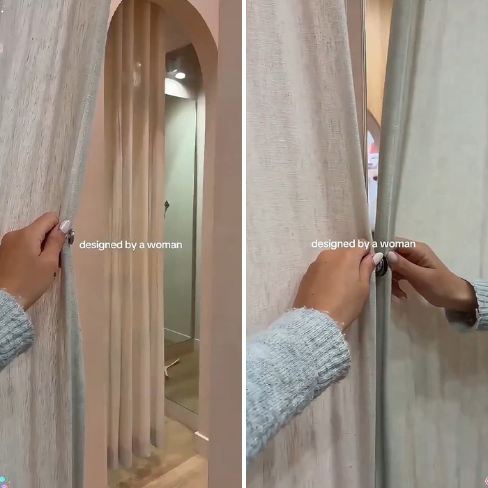 A woman demonstrating a magnetic curtain, one of the amazing gadgets, generating a wakeup call about who designed it. A woman demonstrating a magnetic curtain, one of the amazing gadgets, generating a wakeup call about who designed it.